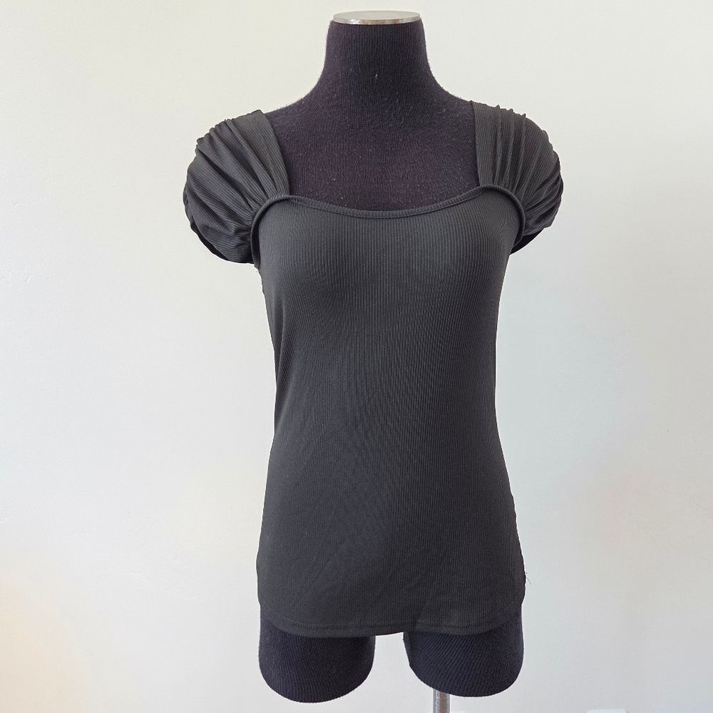 Black Ribknit Top Stretchy Feminine Casual Neutral Coquette Office Siren Medium